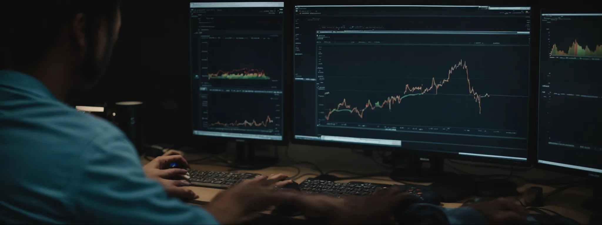 a professional analyzing complex graphs and charts on a computer monitor that reflect website traffic and performance metrics.