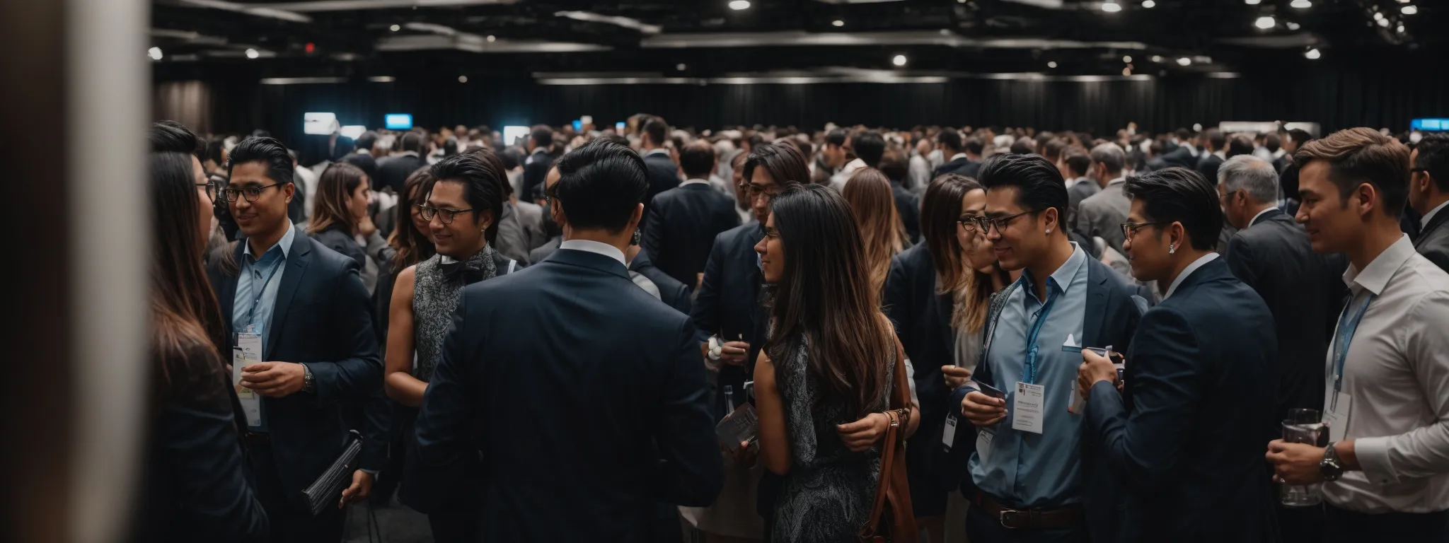 professionals mingle at a bustling tech conference, exchanging ideas and business cards.