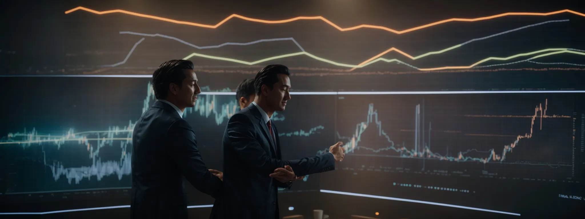 two professionals shake hands in front of a glowing digital screen showing rising graphs and web analytics.