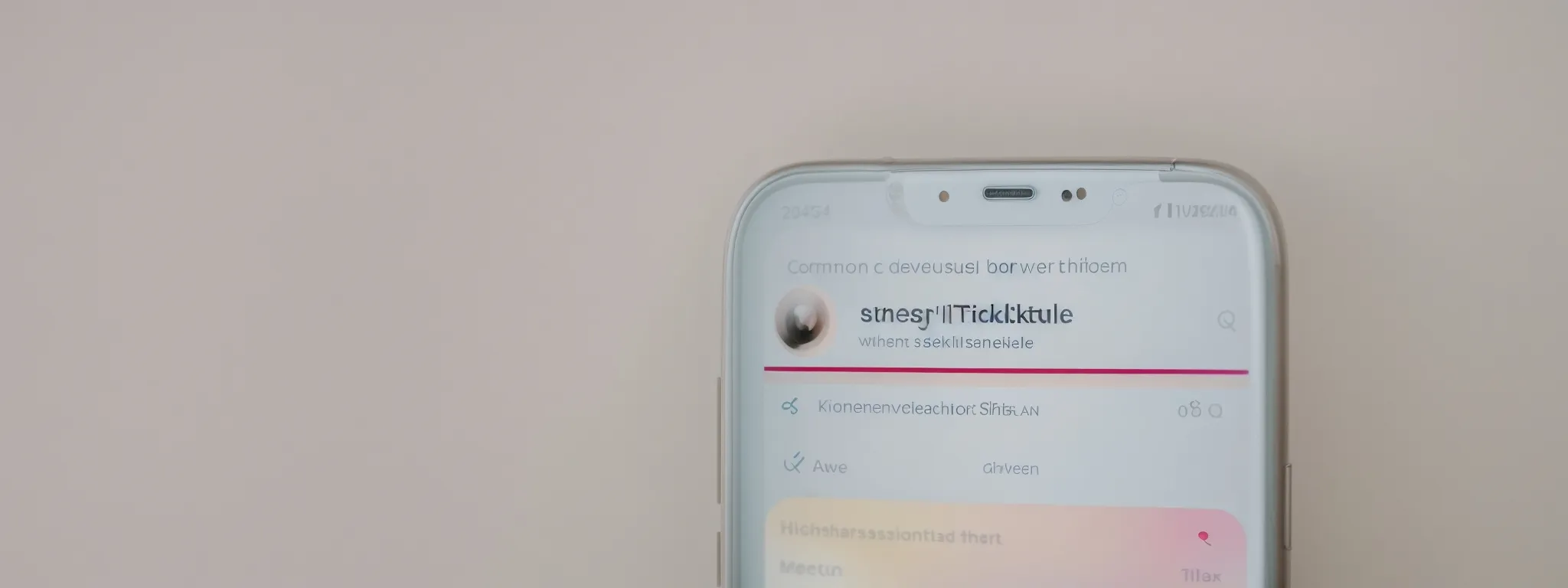 a smartphone screen displaying a tiktok profile with a magnifying glass highlighting a list of popular hashtags in the description area.