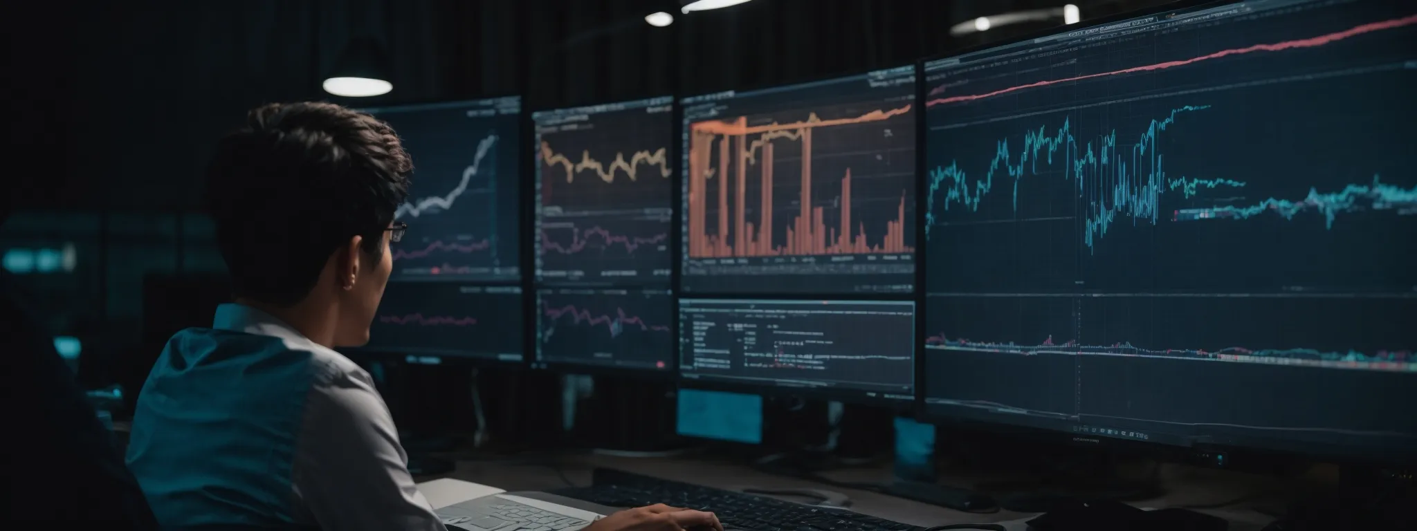 a marketer analyzing graphs on a computer screen to track website performance after utilizing ai-generated content.