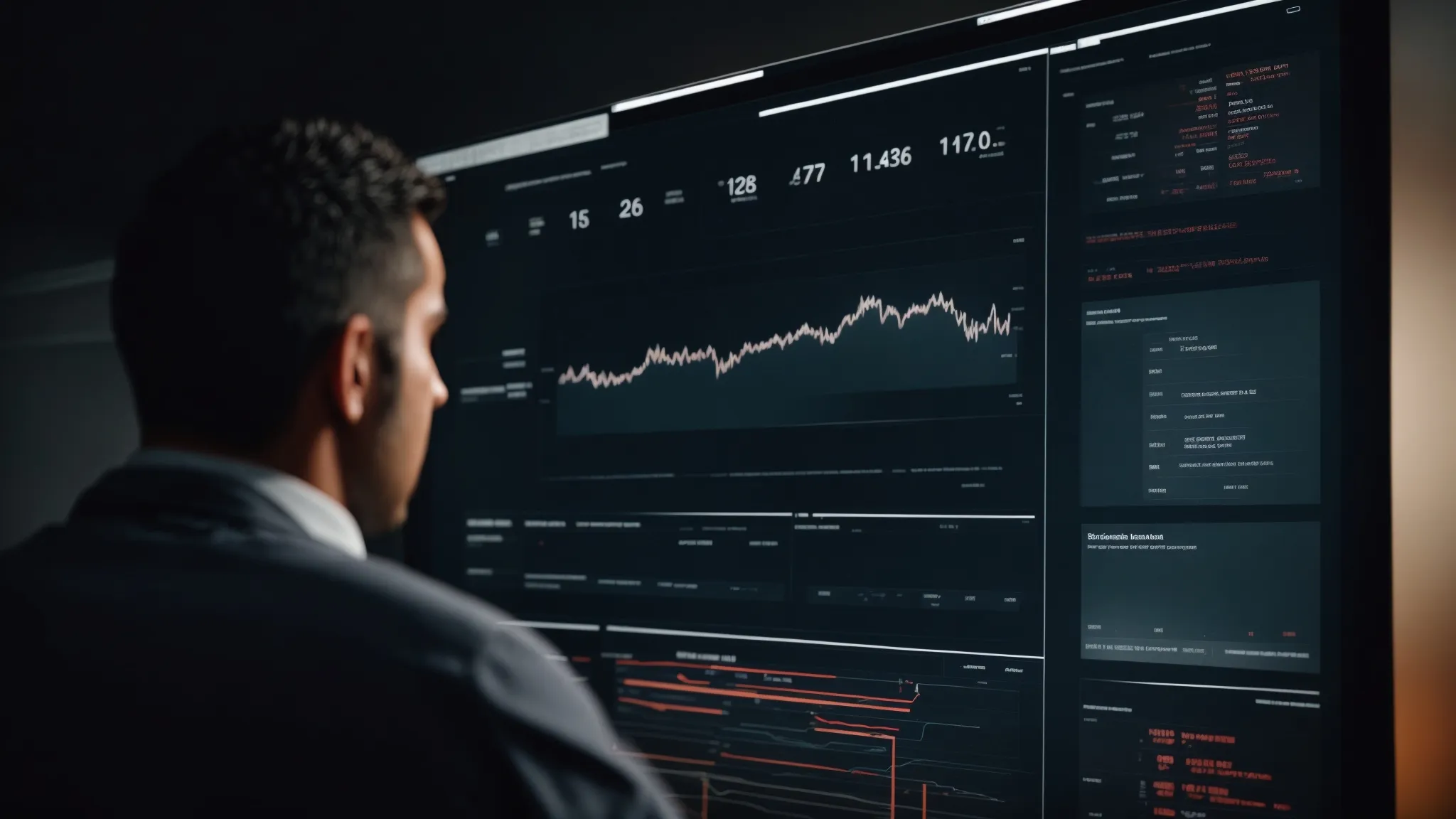 a focused individual examining a complex dashboard displaying website analytics and metrics.