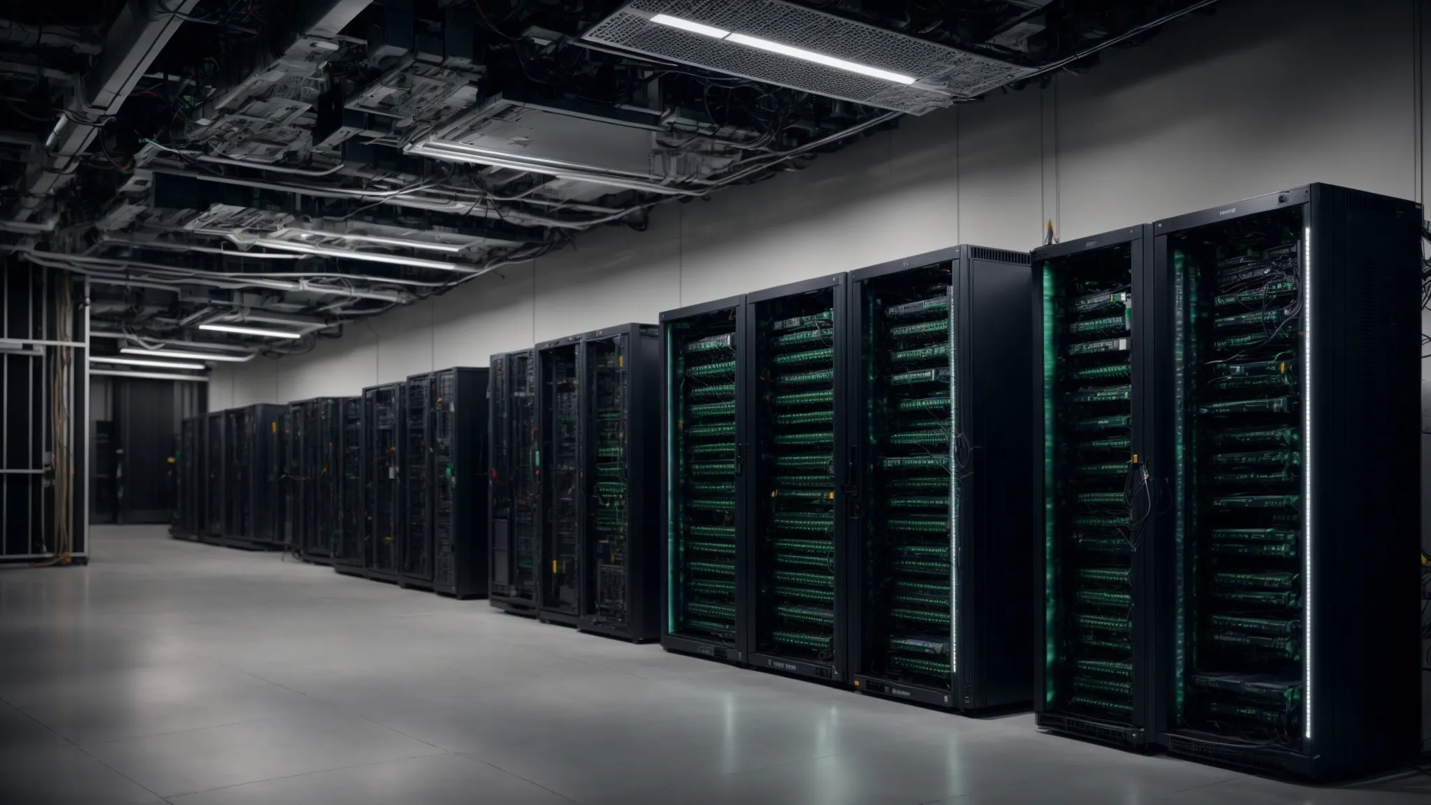 a server room with racks of network equipment and cables, symbolizing a tech infrastructure backbone.