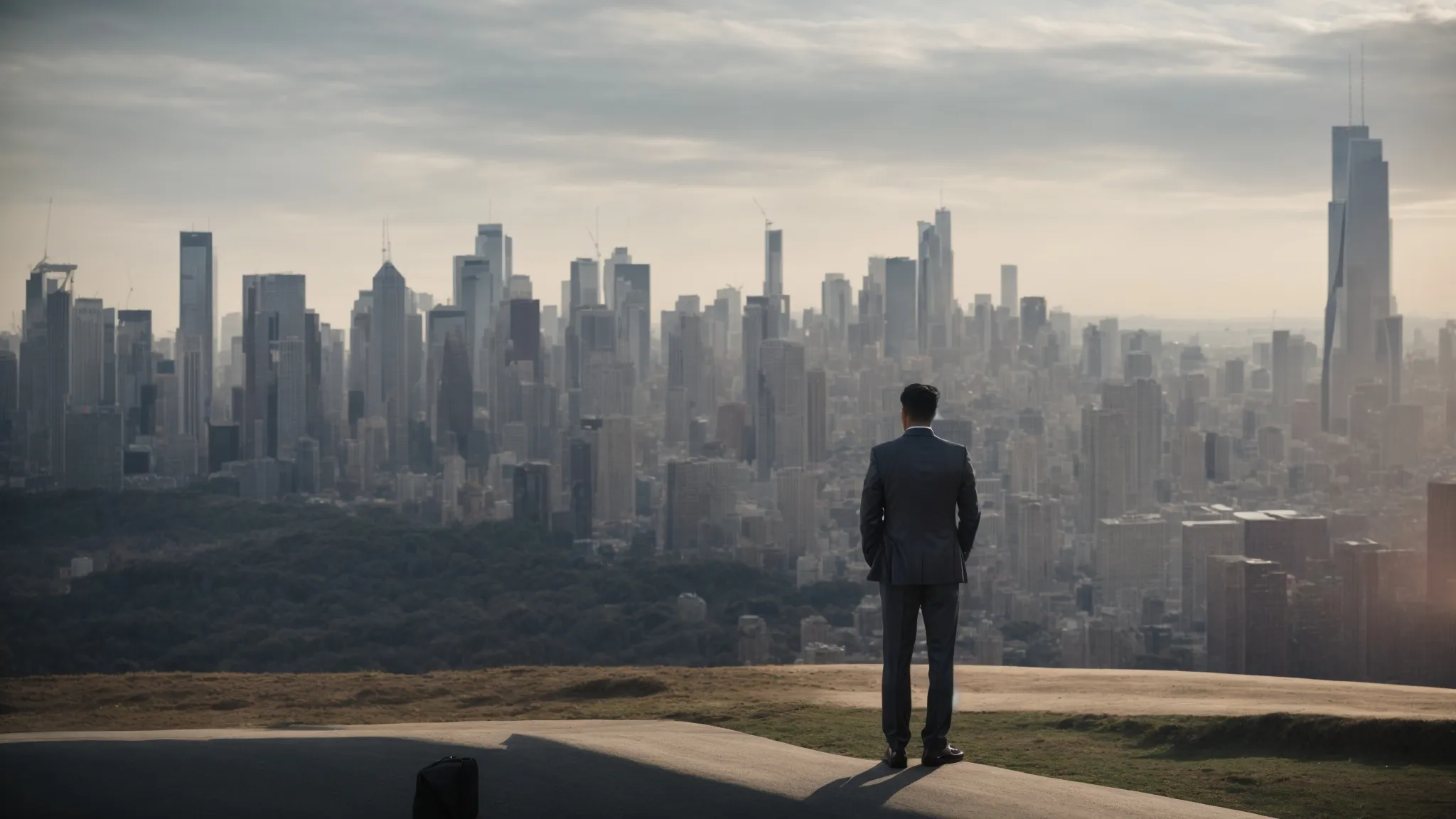 a professional accountant stands before a skyline, symbolizing expertise over a complex financial landscape.