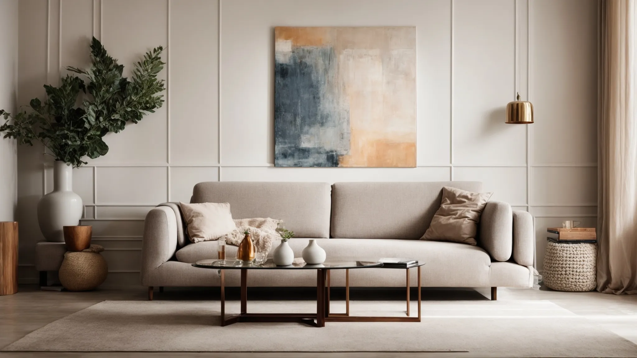 a chic living room with a modern sofa, coffee table, and abstract wall art, without any visible brand names or intricate details.