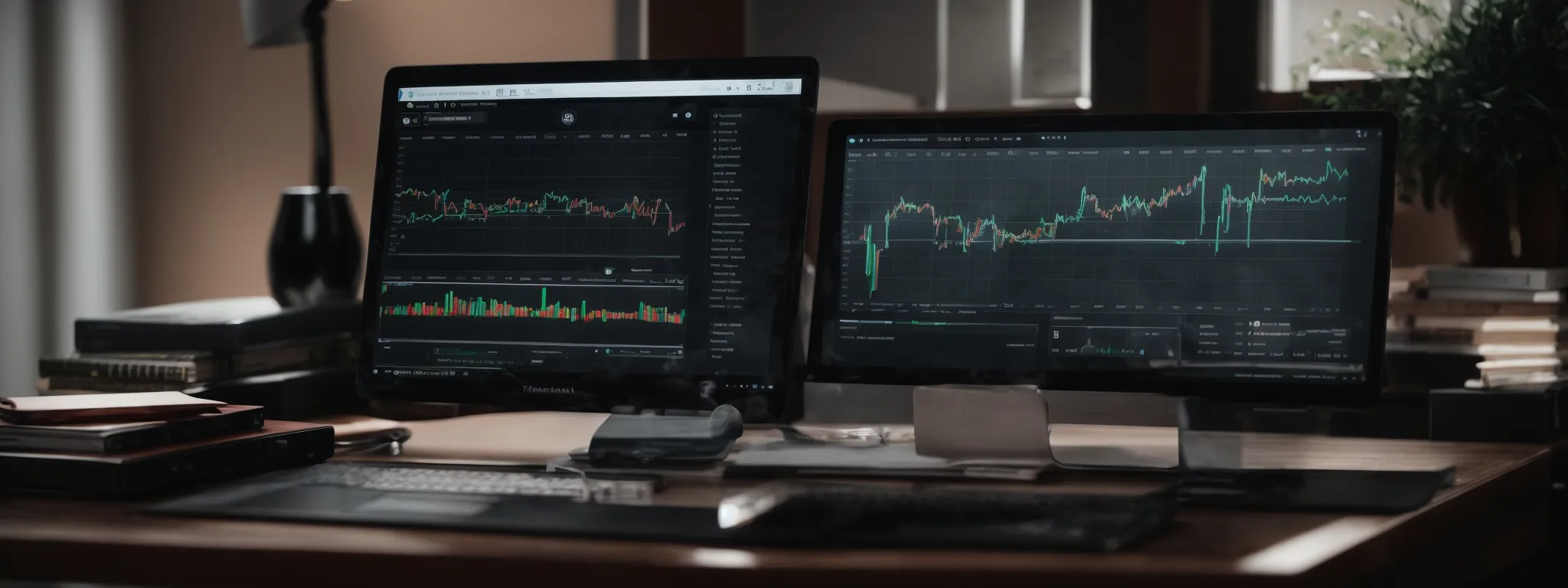 a laptop with graph analytics on the screen, positioned on a desk with seo strategy notes beside it.