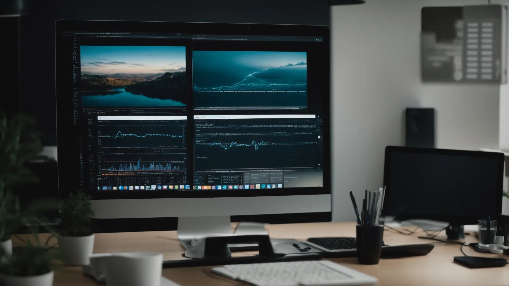 a web developer sits in a modern office, thoughtfully examining a dual-screen setup displaying a flash website and its underlying code.