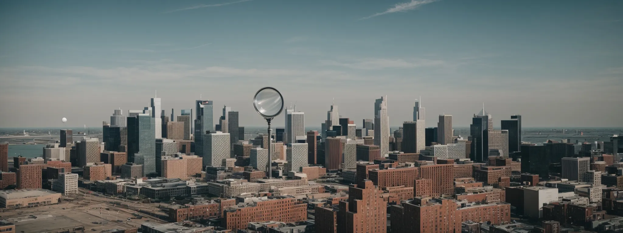 a skyline of detroit with a magnifying glass hovering over it, symbolizing a focused seo strategy.