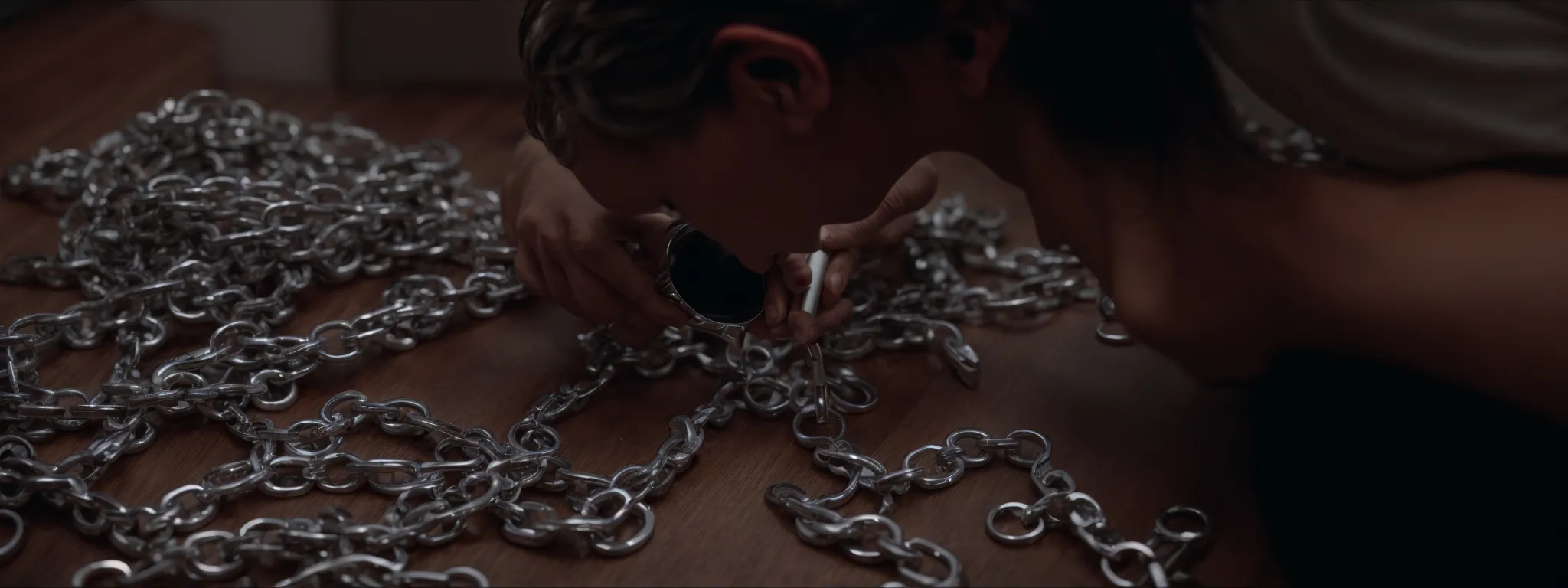 a man with a magnifying glass scrutinizes a jigsaw puzzle depicting a chain of links.