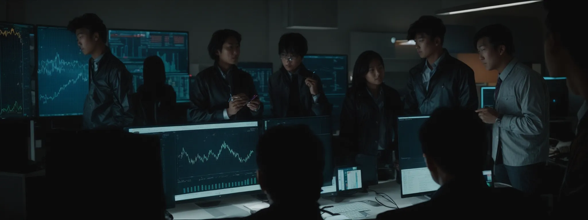 a team of marketers strategizes around a large computer monitor displaying a glowing graph of rising website traffic.