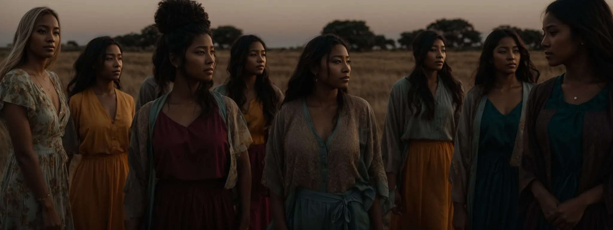 a group of diverse women stand together, confidently looking towards the horizon at sunset.