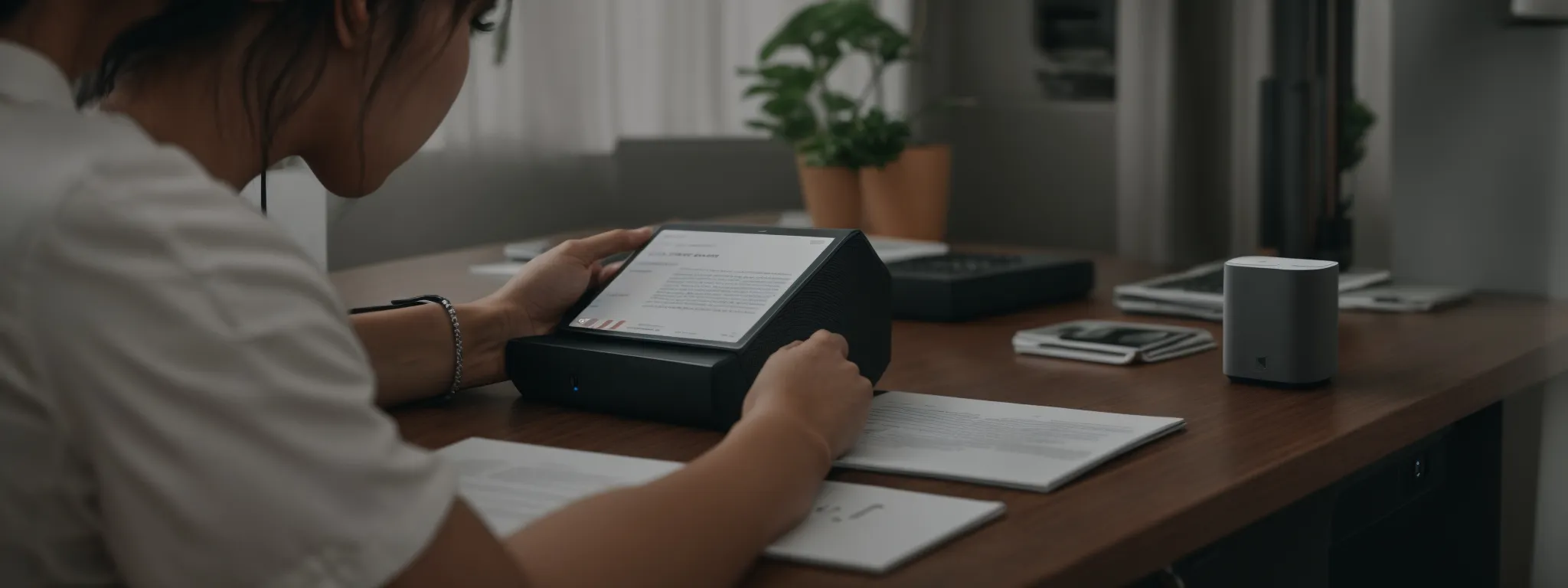 a person speaking into a smart speaker on a minimalist desk while reviewing a document titled 