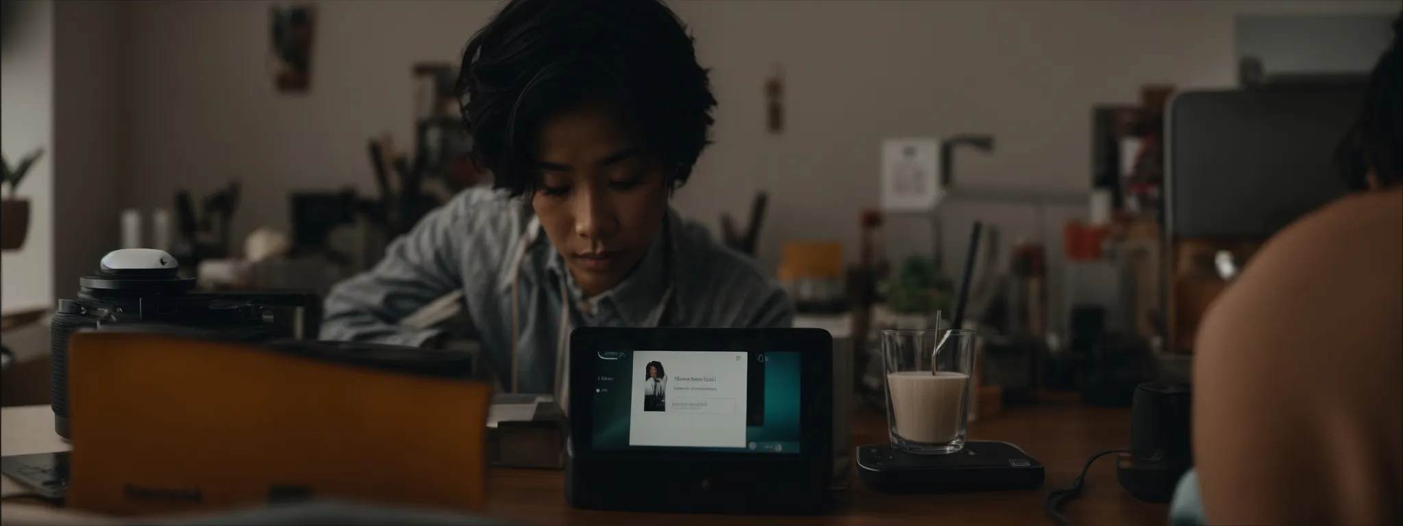 a person speaking to a voice-assistant device on a clean desk.