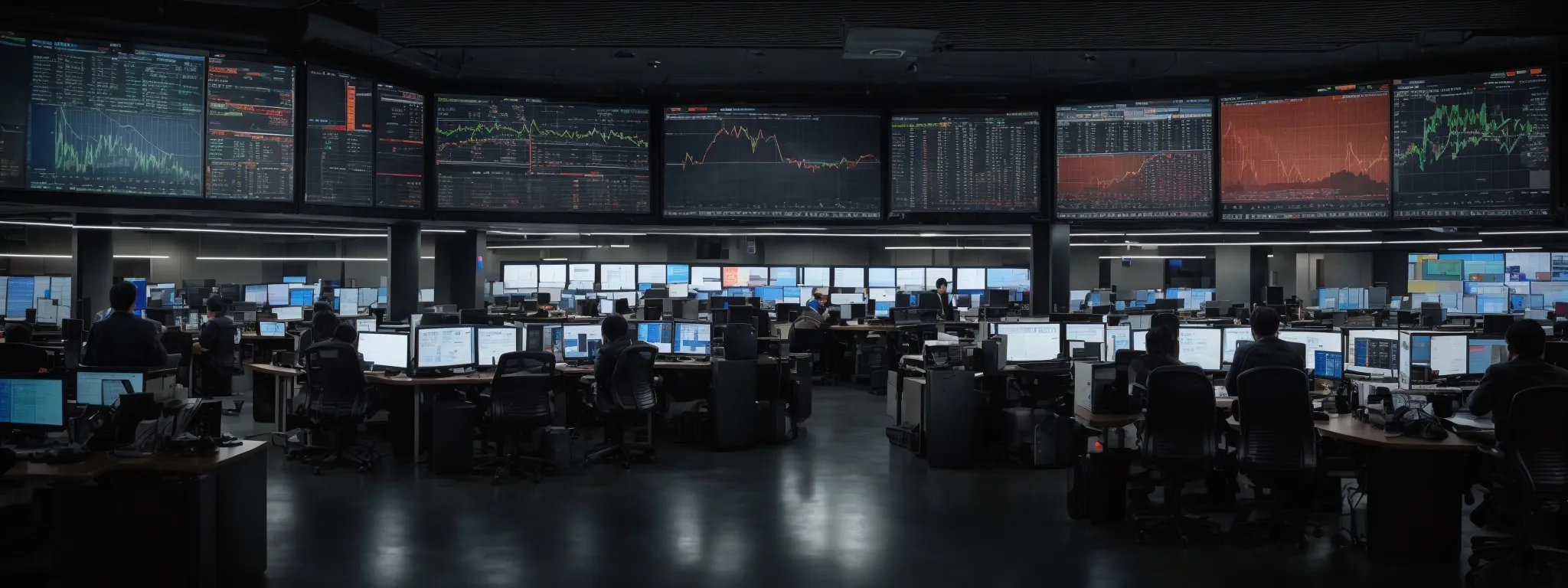 a newsroom with multiple screens displaying graphs of social media analytics and engagement rates.