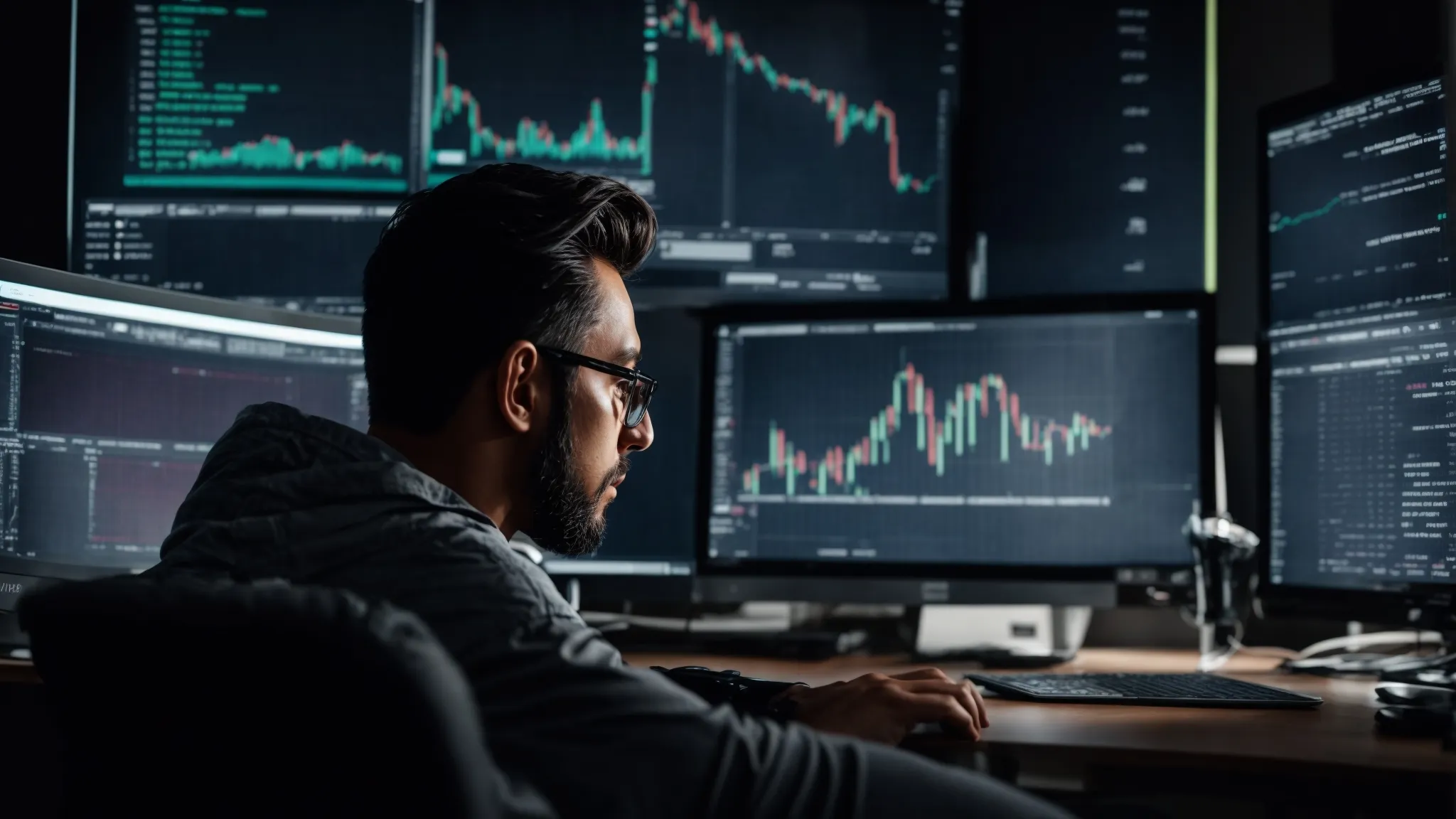 a digital marketing expert is sitting in front of a computer, analyzing charts and graphs on the screen related to website traffic and seo performance.