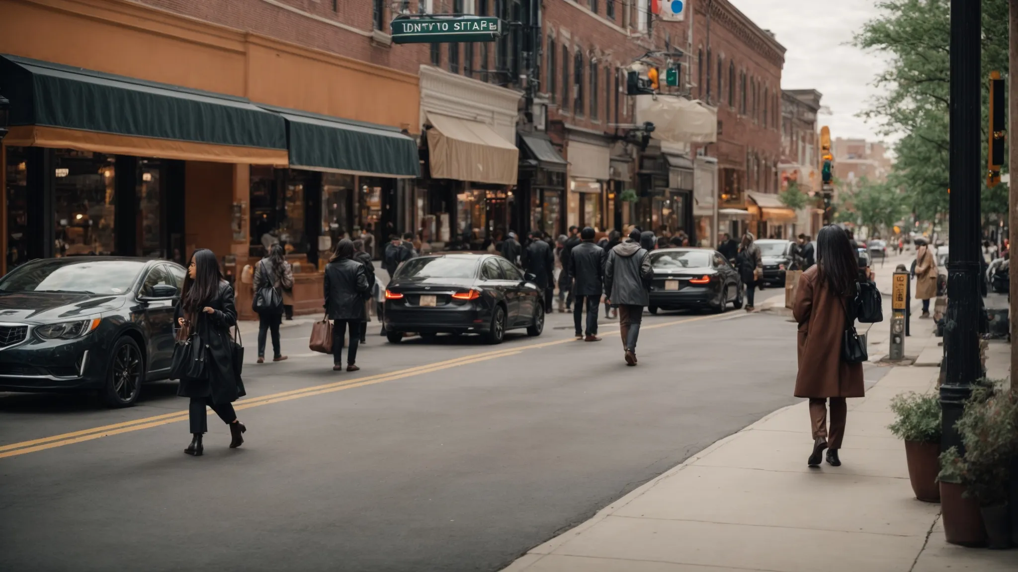 a bustling columbus street with diverse storefronts and visible pedestrians interacting with their smartphones.