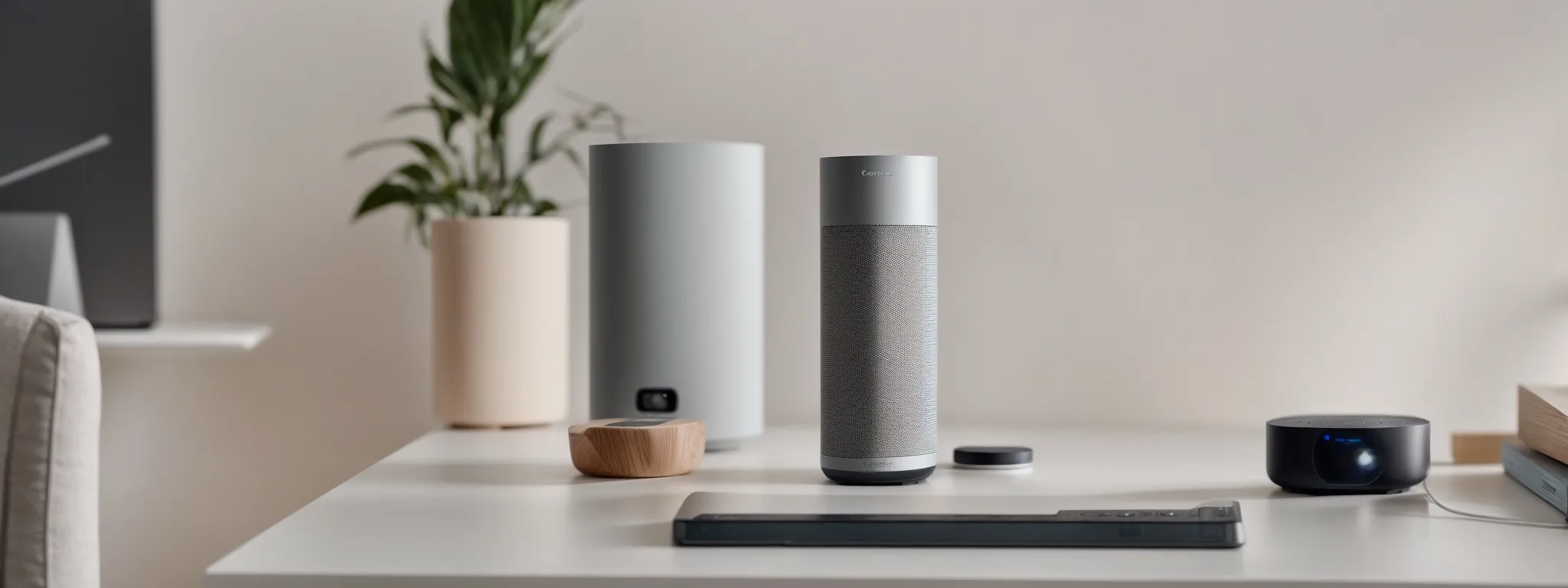 a user converses with a sleek smart speaker on a modern, minimalist desk, symbolizing the integration of voice search technology.