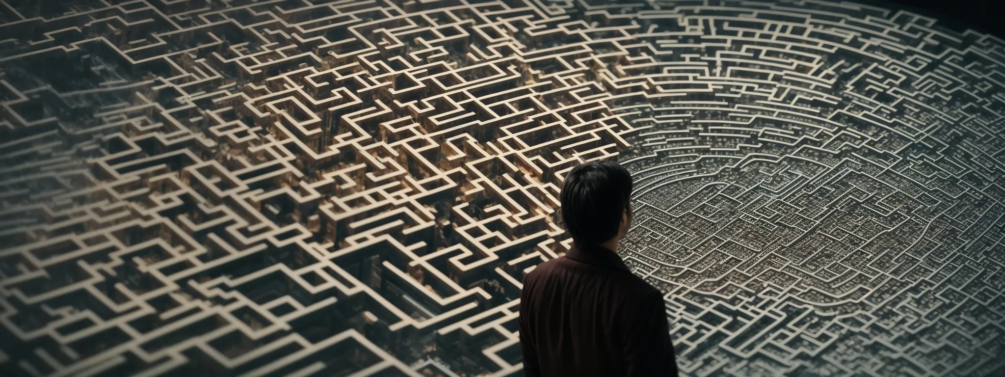 a person contemplates a large, intricate maze-shaped computer interface symbolizing analytical seo processes.