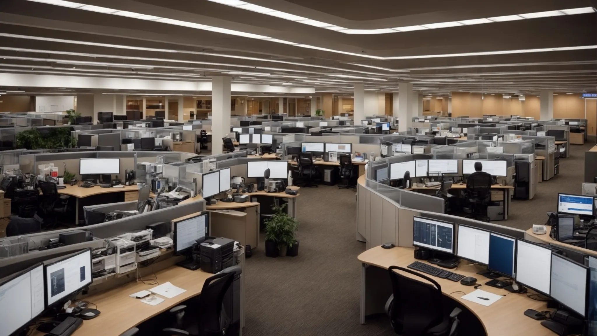 a wide-angle shot of a fast-paced, tech-savvy office space in pennsylvania, bustling with professionals optimizing websites on large screens.