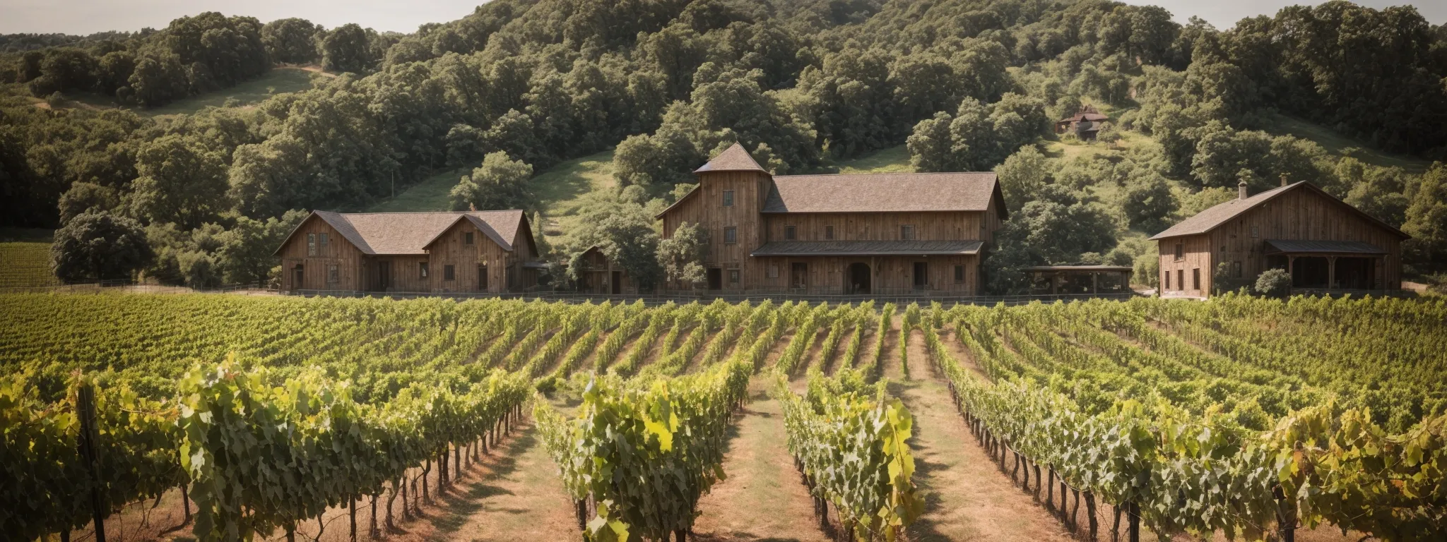 rows of grapevines stretch across a sunny vineyard with a rustic winery building in the background.