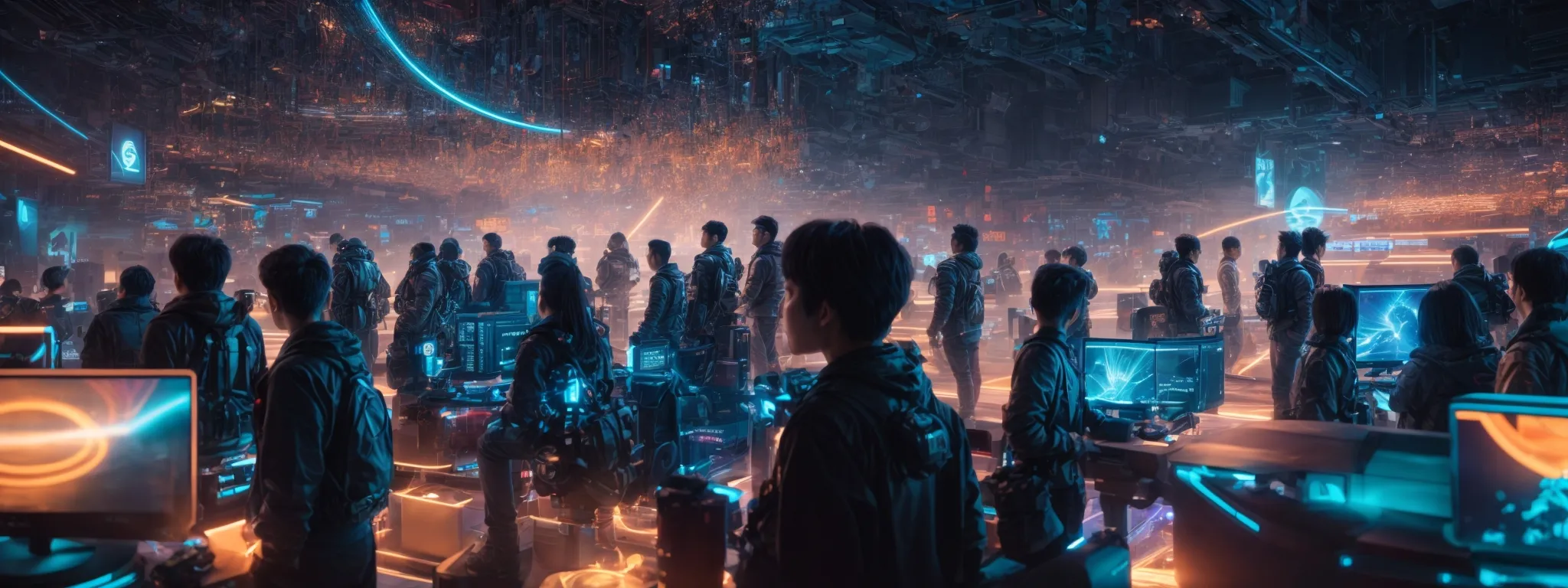 a dynamic crowd of digital avatars gathered around a glowing, futuristic gaming console set against a backdrop of abstract digital graphs and code streams.