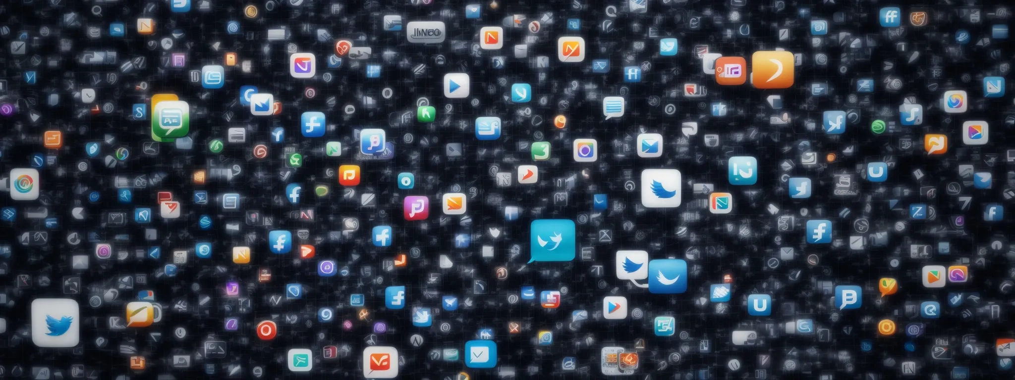 a bustling network of interconnected social media icons overshadowing a magnified search bar amidst abstract internet clouds.