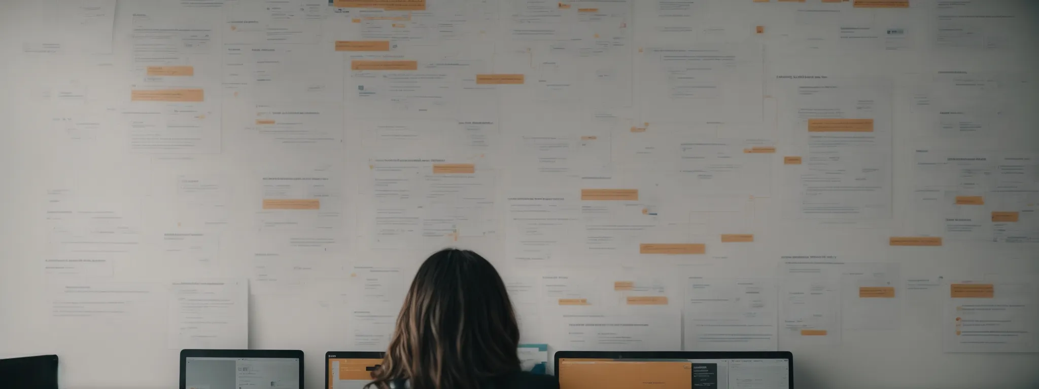 a person at a desk with a laptop open to a wordpress dashboard, surrounded by flowcharts and diagrams illustrating website structure and internal linking.