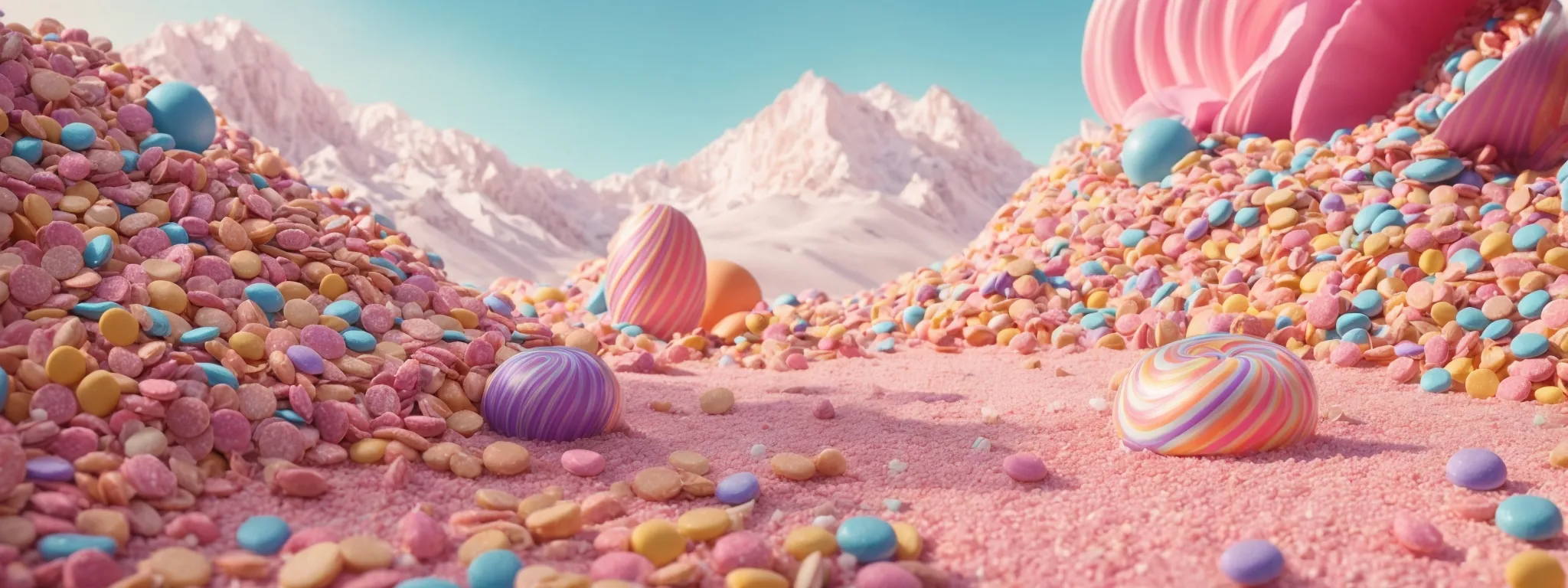a vibrant pastel world depicting oversized candy and chocolate pieces scattered across a mythical landscape, echoing the colorful essence of candy crush. 