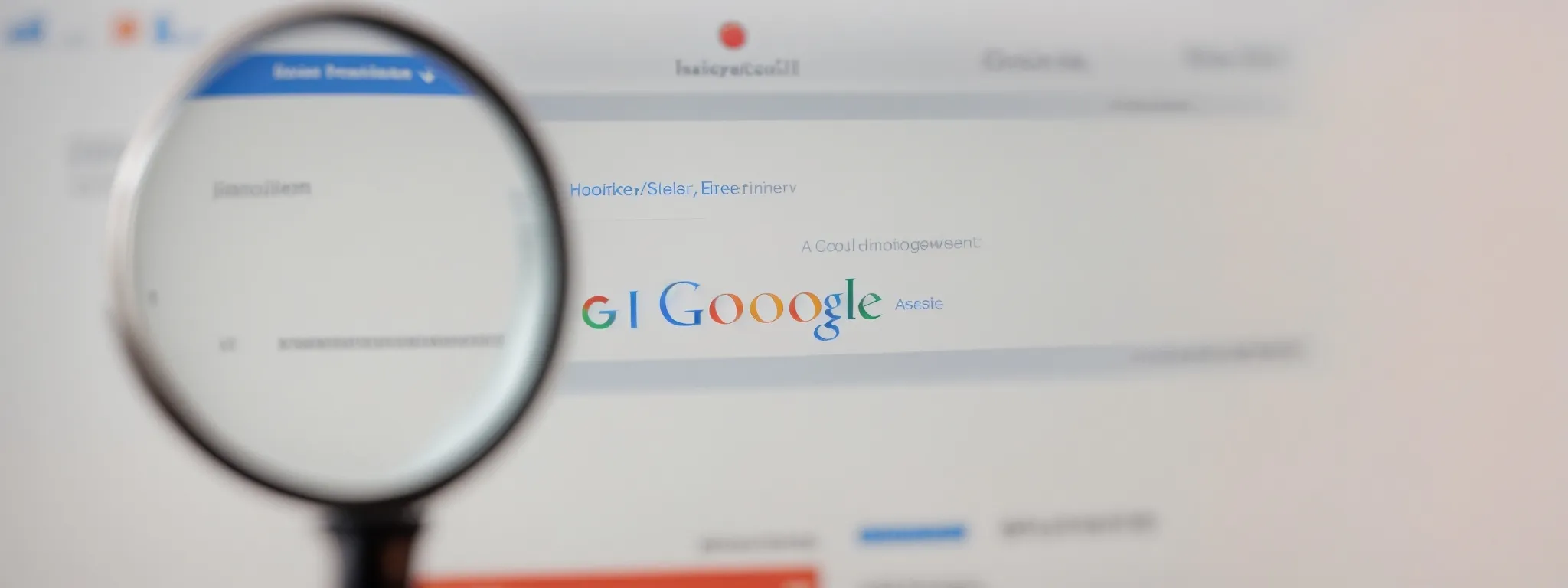 a magnifying glass hovering over a web browser address bar that highlights a url, with a blurred out google search results page in the background.