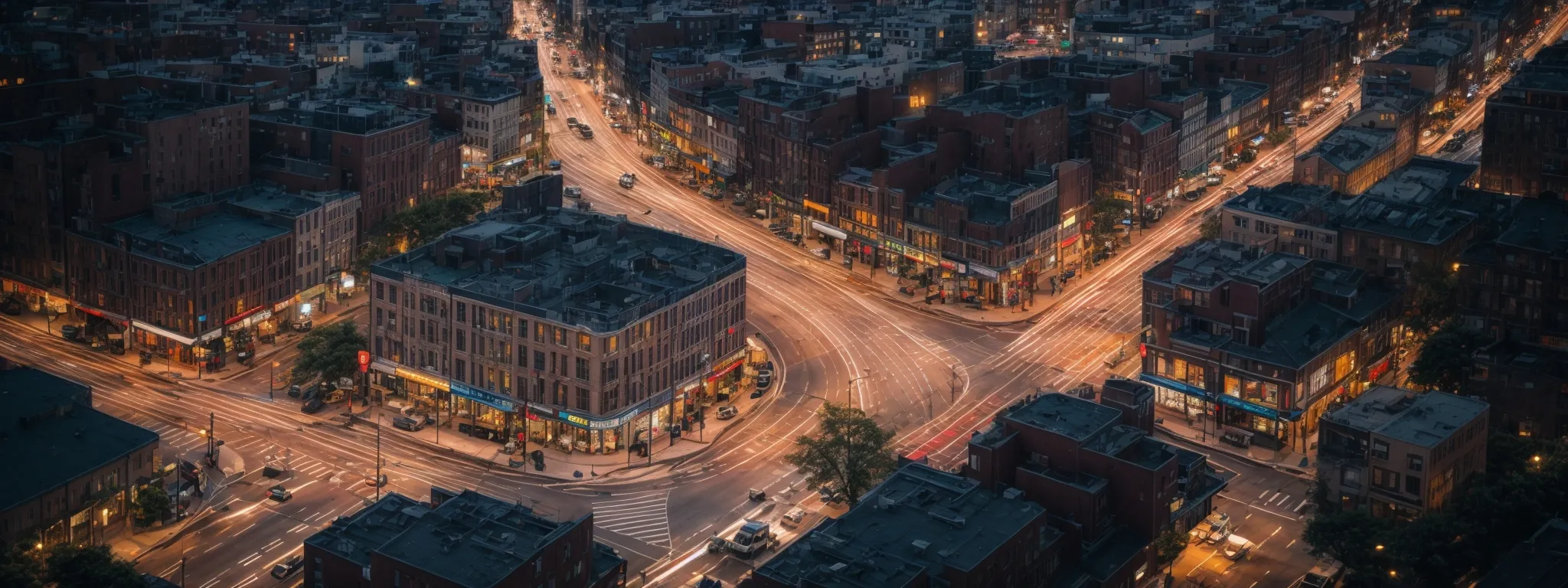 a bustling city intersection at dusk, symbolizing the converging paths of seo and local seo in the digital marketing landscape.