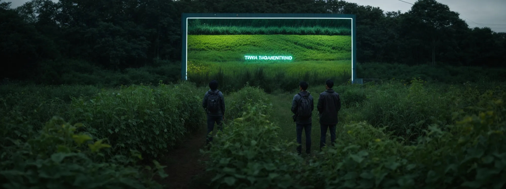 two individuals stand before a vast billboard with an organic garden on one side and a flashing neon sign on the other, symbolizing the contrast between seo and paid advertising.