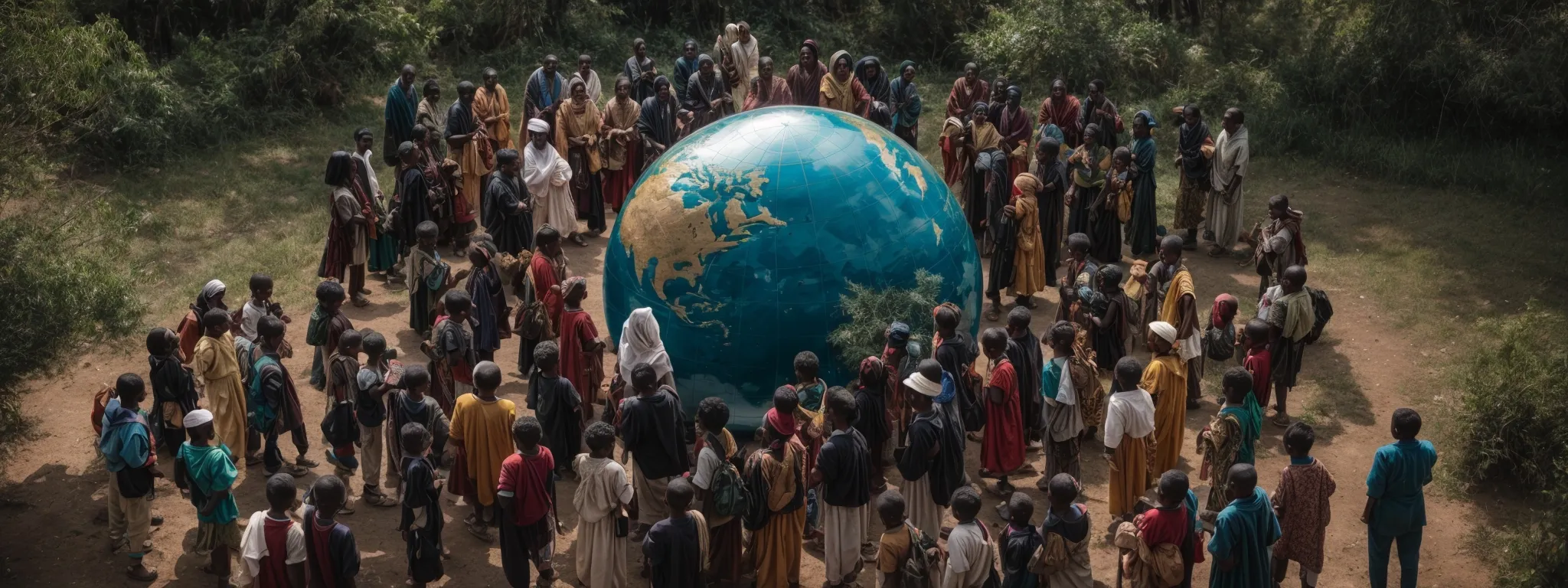 a diverse group of people from different countries gathers around a large, glowing globe, each interacting with it in their own way.