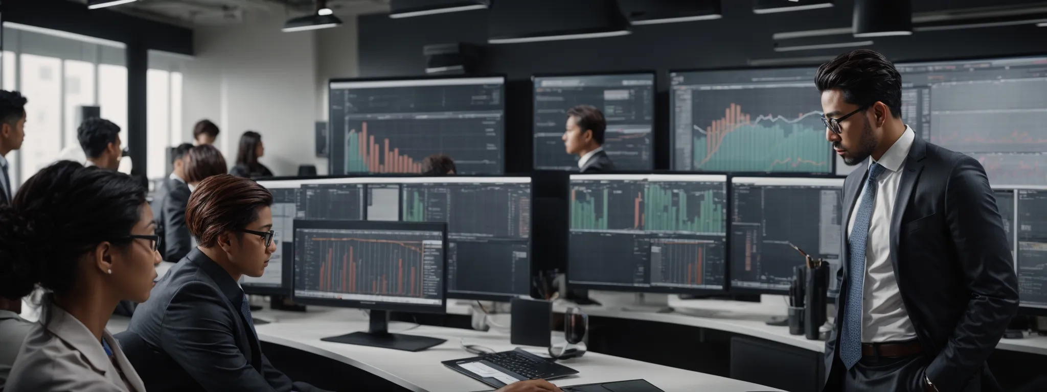 a diverse group of professionals intently examines charts and data analytics on computer screens in a modern office setting, symbolizing strategic seo planning.