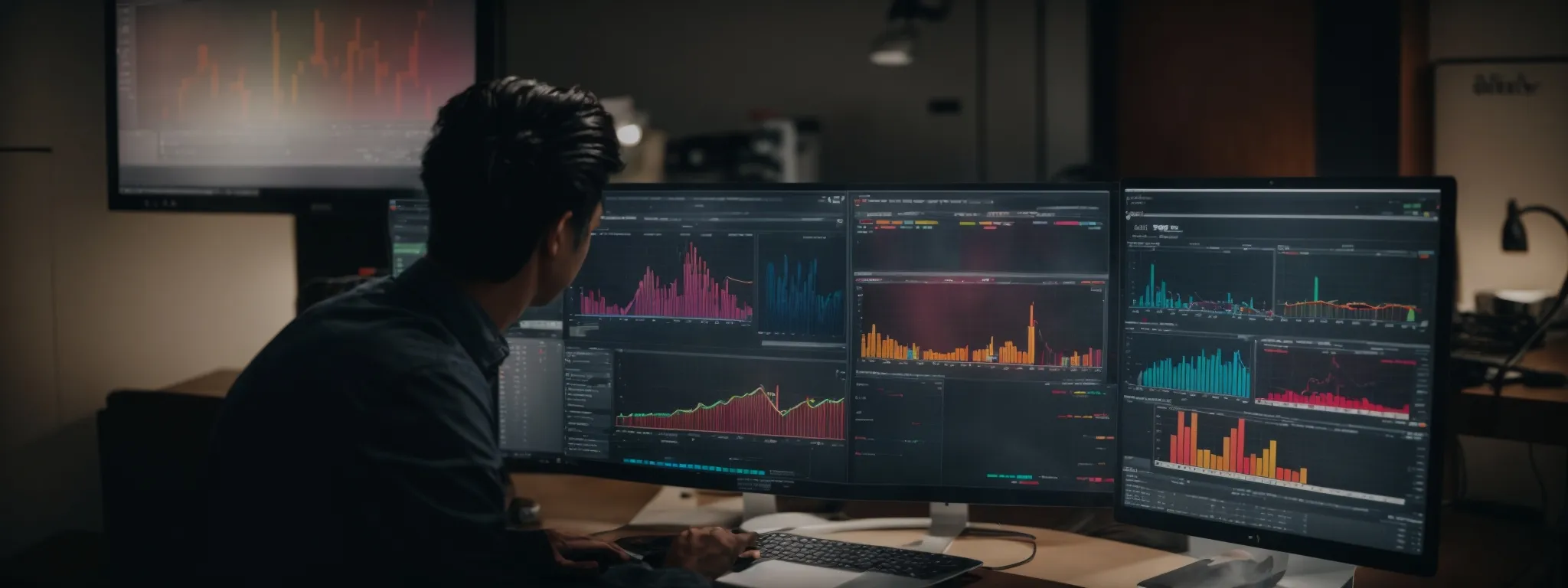 a digital marketing expert reviews colorful graphs and charts on a computer monitor, showcasing traffic and engagement statistics influenced by email campaigns.