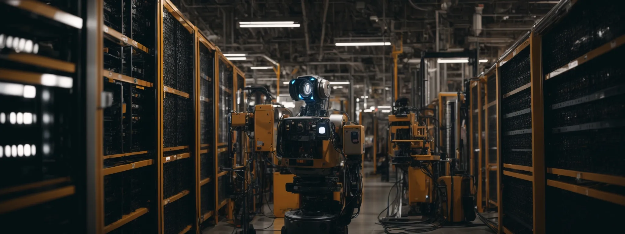 a robot with a magnifying glass scanning through an unending maze of server racks.