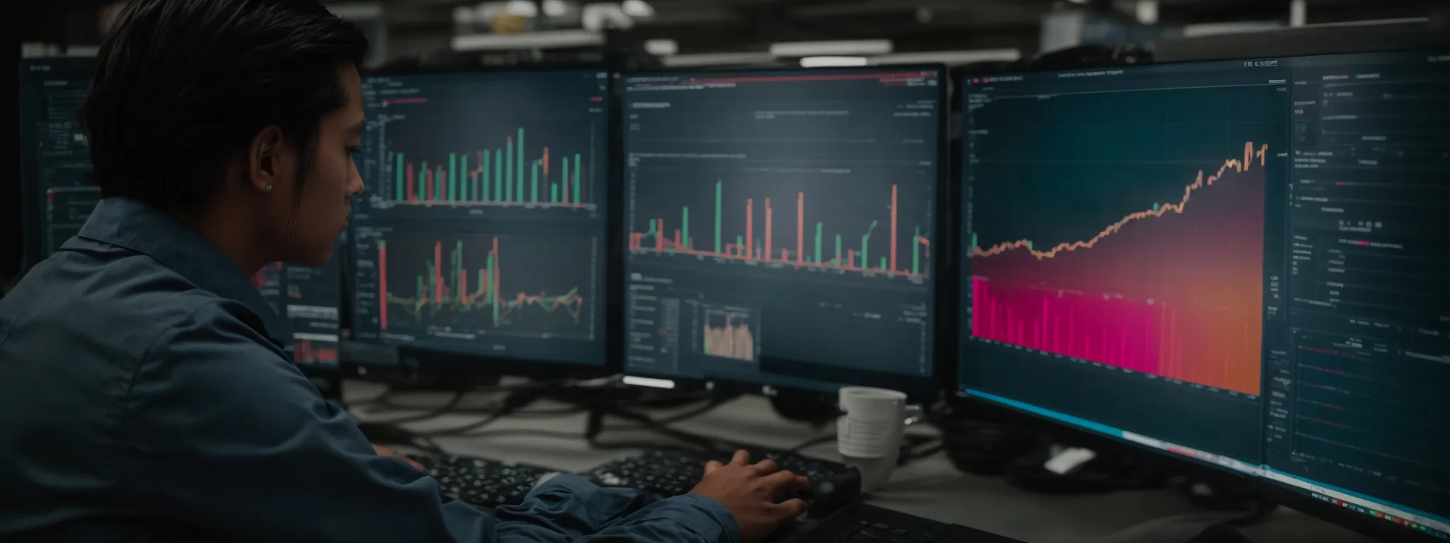 a person intently reviews analytics on a computer screen displaying colorful charts and graphs indicating search engine rankings.