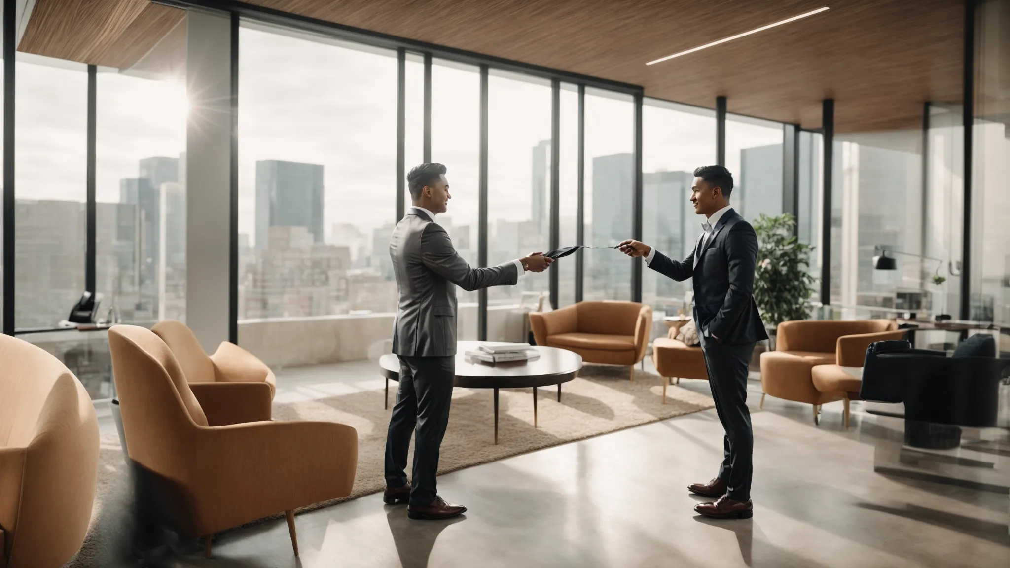 a business professional shakes hands with an seo expert in a modern office, symbolizing a new partnership.