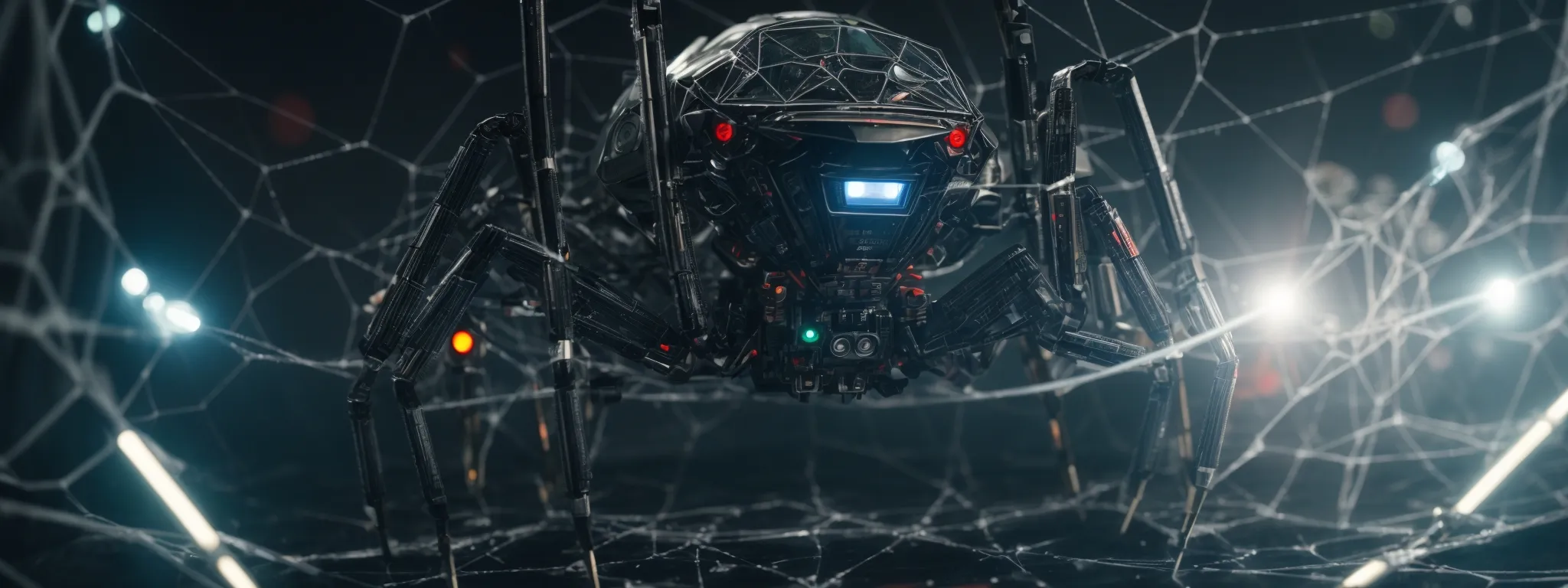 a spider robot traverses a digital web, analyzing connections and highlighting flaws in a virtual network.