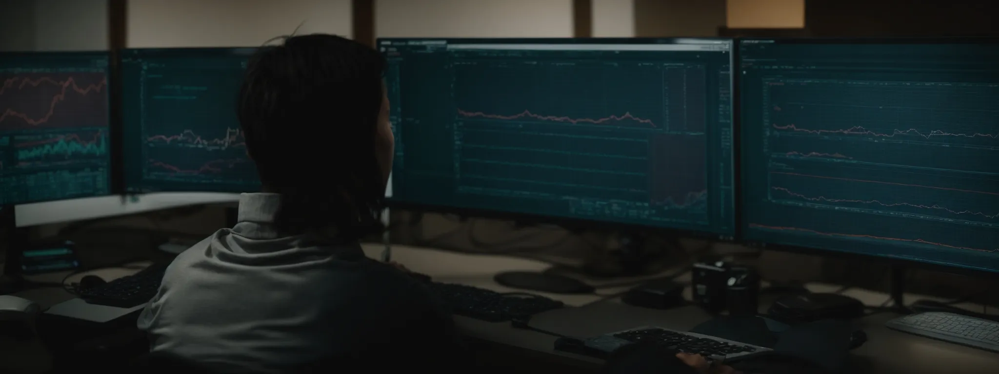 a person seated at a computer analyzing complex data charts that represent search engine algorithms.