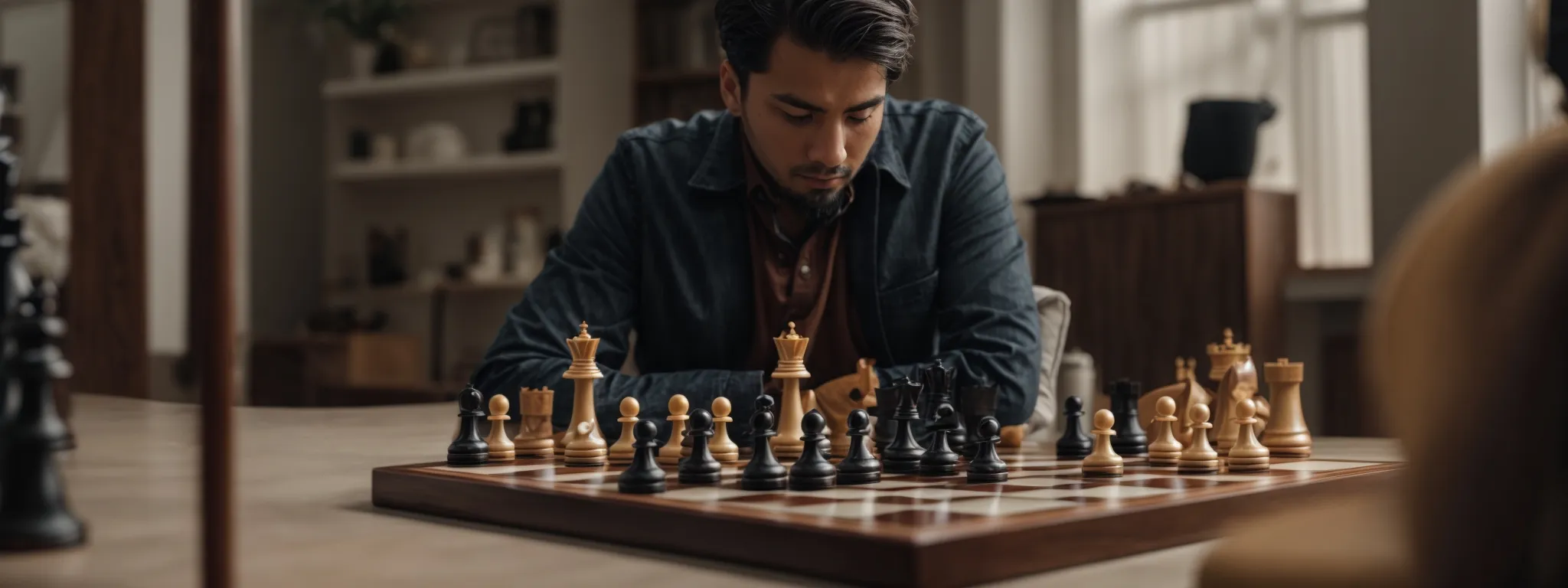a chess player contemplating a strategic move, symbolizing the careful planning of balancing immediate rewards with long-term success in seo.
