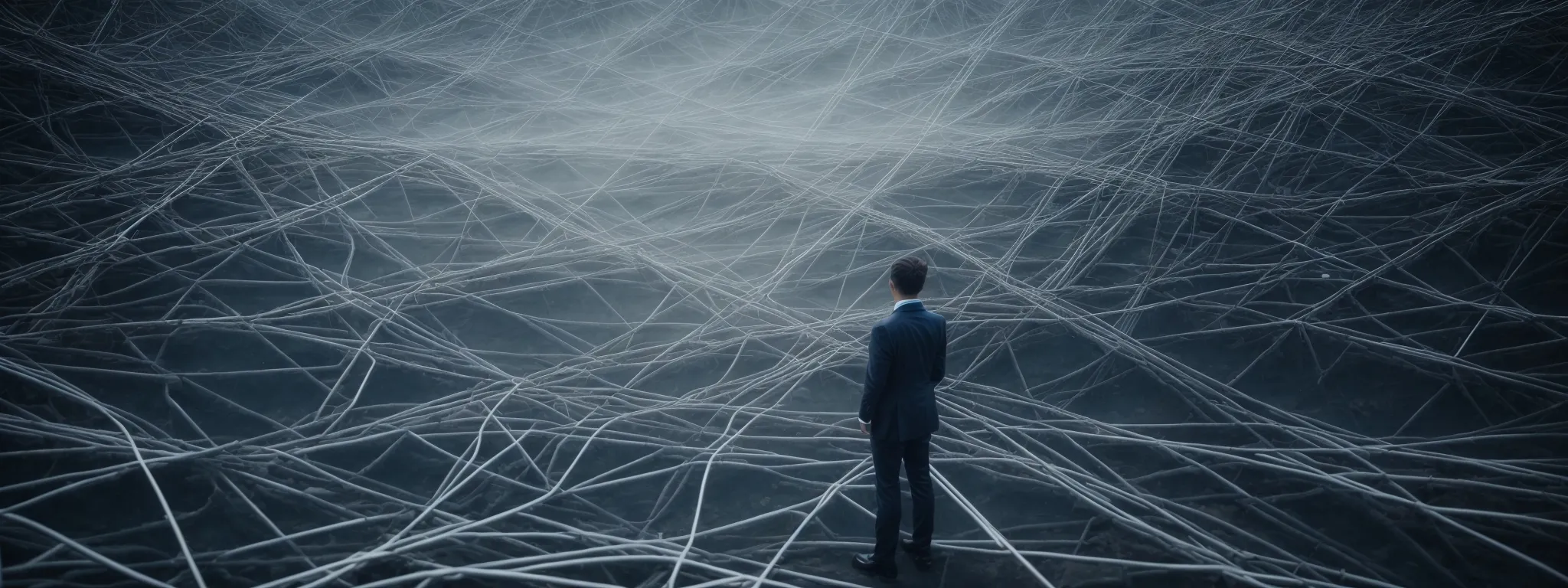 a person stands before a complex network of crisscrossing paths symbolizing the data analytics tools landscape.