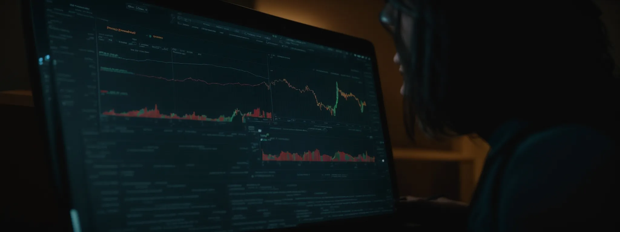 a person thoughtfully studying analytics on a computer screen displaying a website's performance metrics.