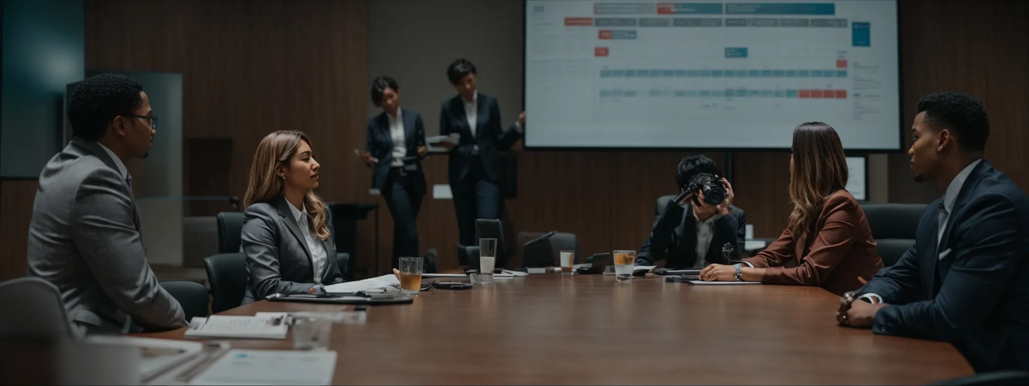a diverse team engaging in a collaborative discussion around a large conference table with a digital calendar displayed on a screen in the background.