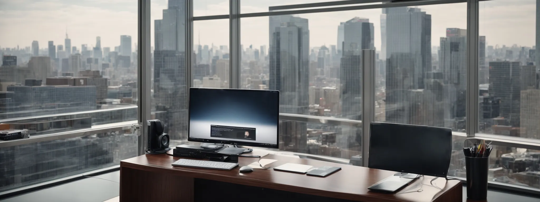 a polished executive desk with a computer displaying a website homepage in a modern office overlooking a bustling city skyline.