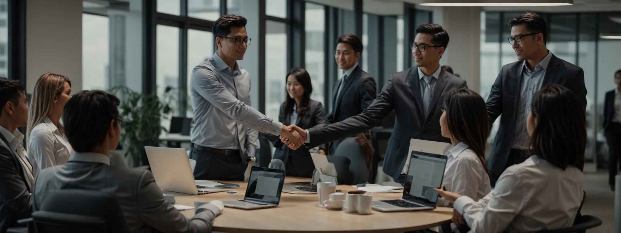 business professionals shaking hands in agreement in a modern office setting, with a laptop and notepads on the table, embodying the start of a collaborative partnership after a successful seo pitch.