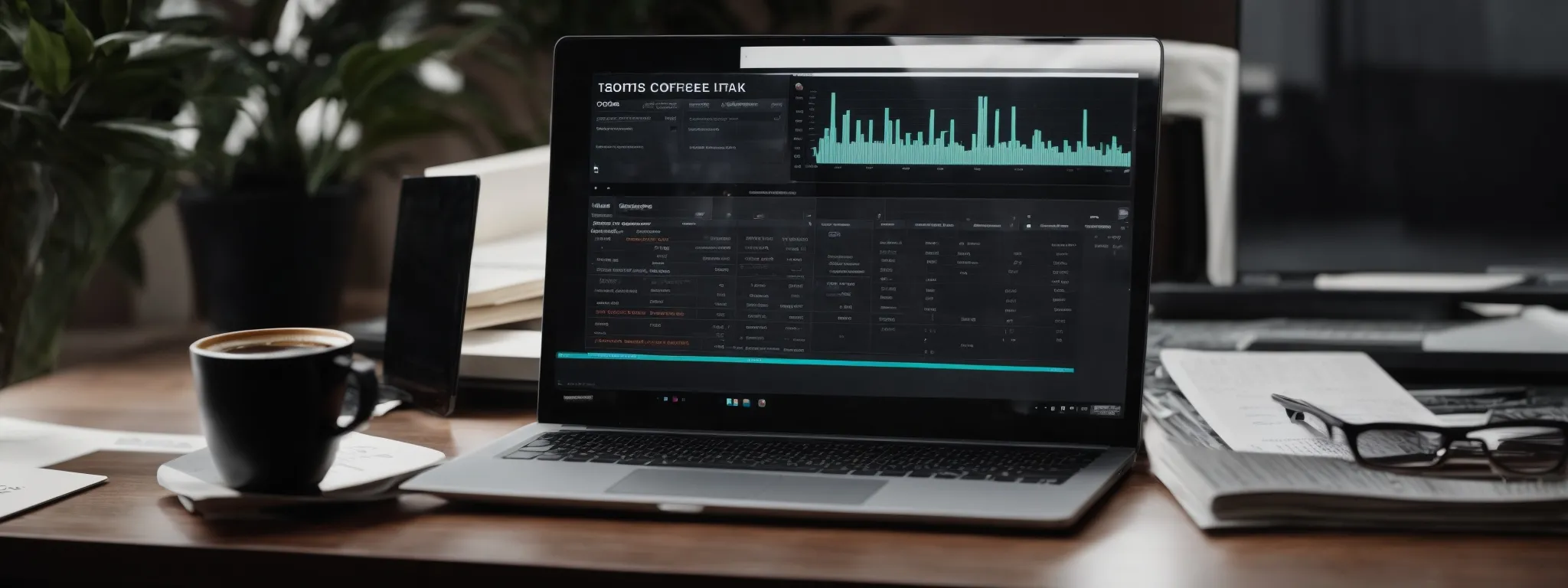 a laptop with analytics displayed on screen, surrounded by marketing strategy documents and a cup of coffee.