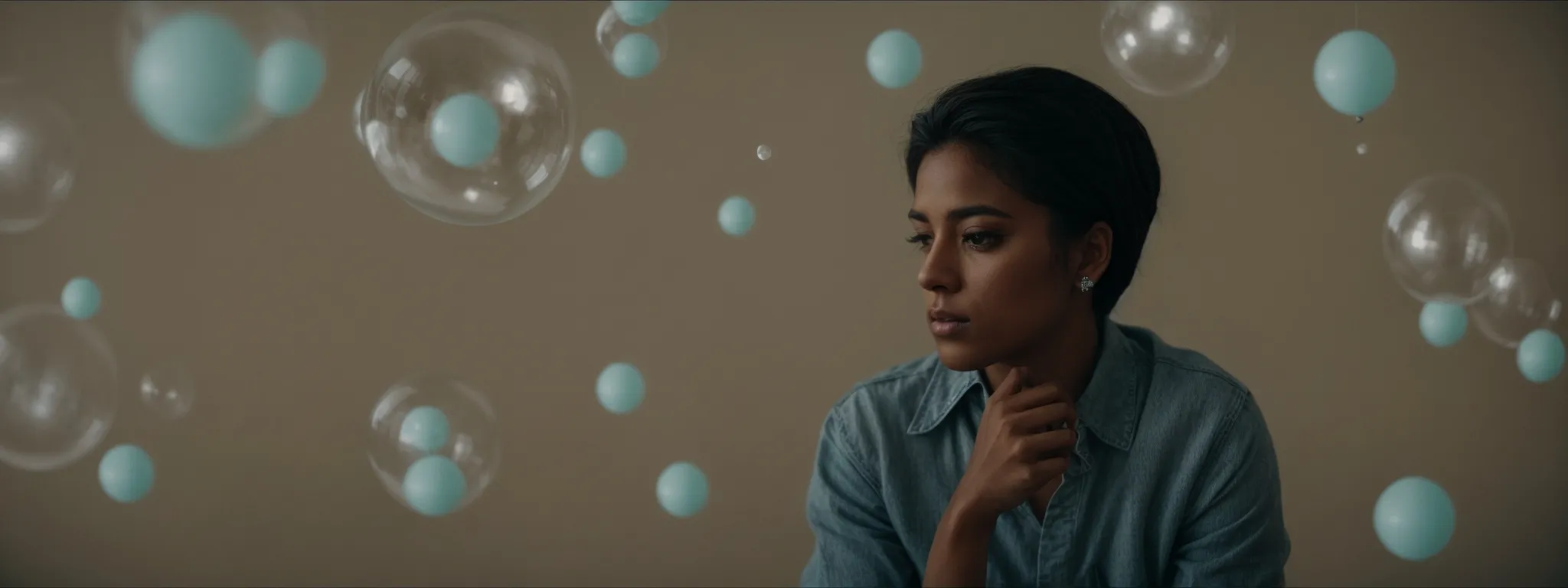 a person in a thoughtful pose, surrounded by keyword bubbles, with a magnifying glass hovering over a highlighted 