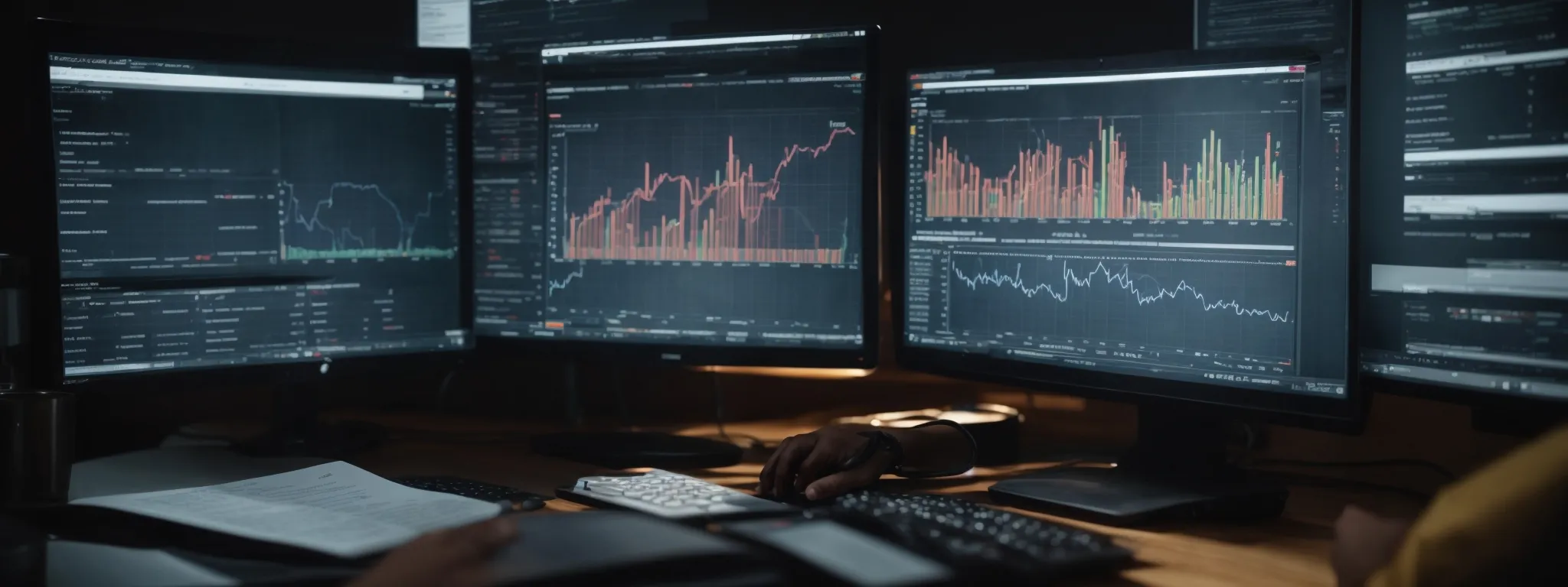 a person analyzing graphs and charts on a computer screen, displaying website traffic and e-commerce sales statistics.