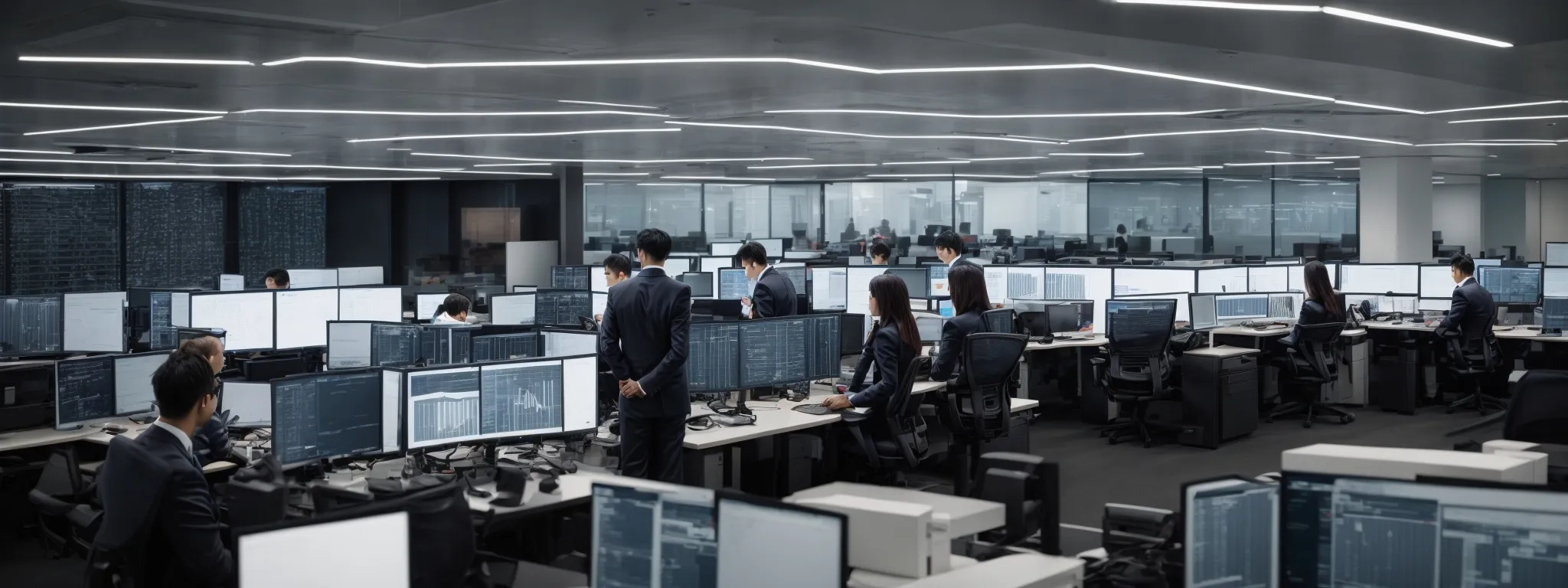 a panoramic view of a modern office with employees analyzing graphs on a computer screen, symbolizing data analysis for seo market tracking.