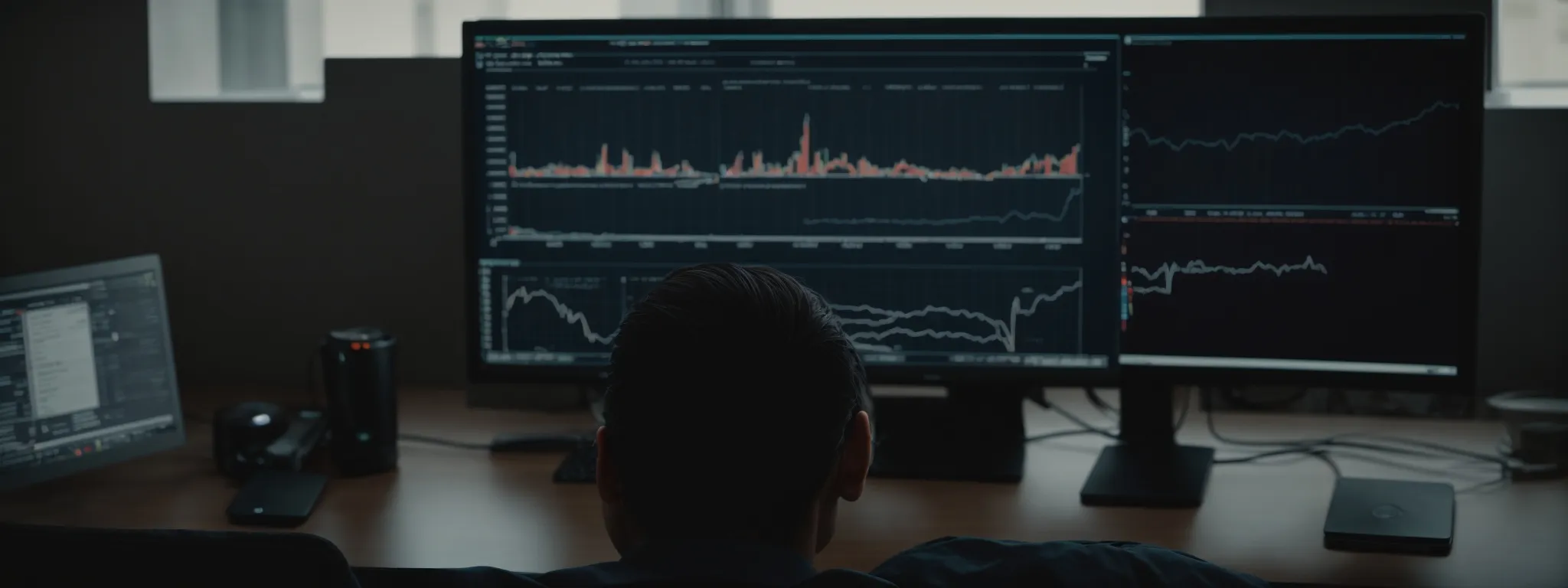 a person sitting before a computer screen, analyzing a graph of website traffic trends.